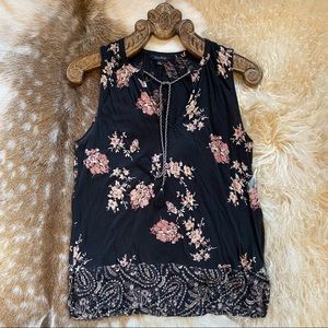 LUCKY BRAND Floral Tassel Tunic V Neck Tank Top